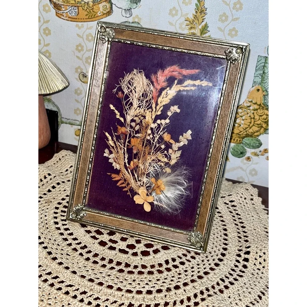 Vintage MCM Botanical Pressed Dried Flower Shadow Box Art Framed